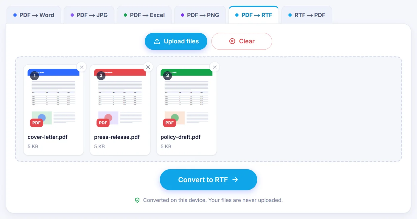 Three cards named cover-letter.pdf, press-release.pdf and policy-draft.pdf, each 5 KB with a numbered first-page thumbnail and a remove cross