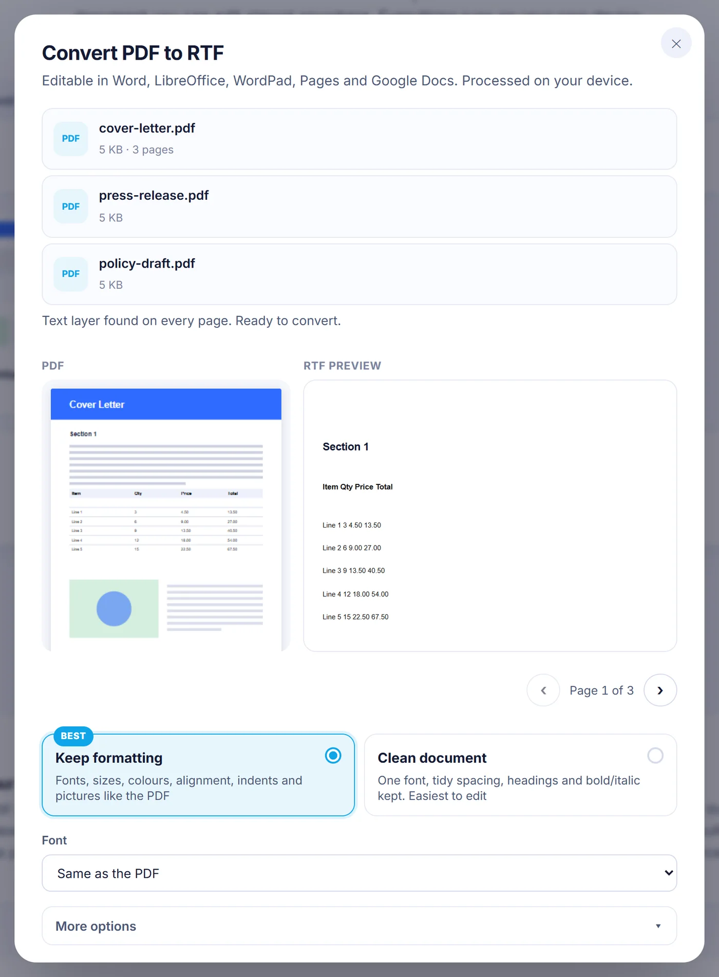 Convert PDF to RTF window listing three files, a Cover Letter page beside its RTF preview where the table became text lines, Keep formatting chosen