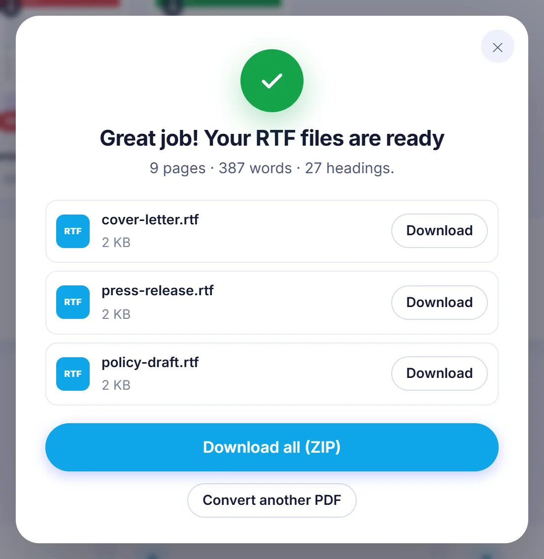 Results window saying Your RTF files are ready with cover-letter.rtf, press-release.rtf and policy-draft.rtf, each 2 KB, plus a Download all (ZIP) button